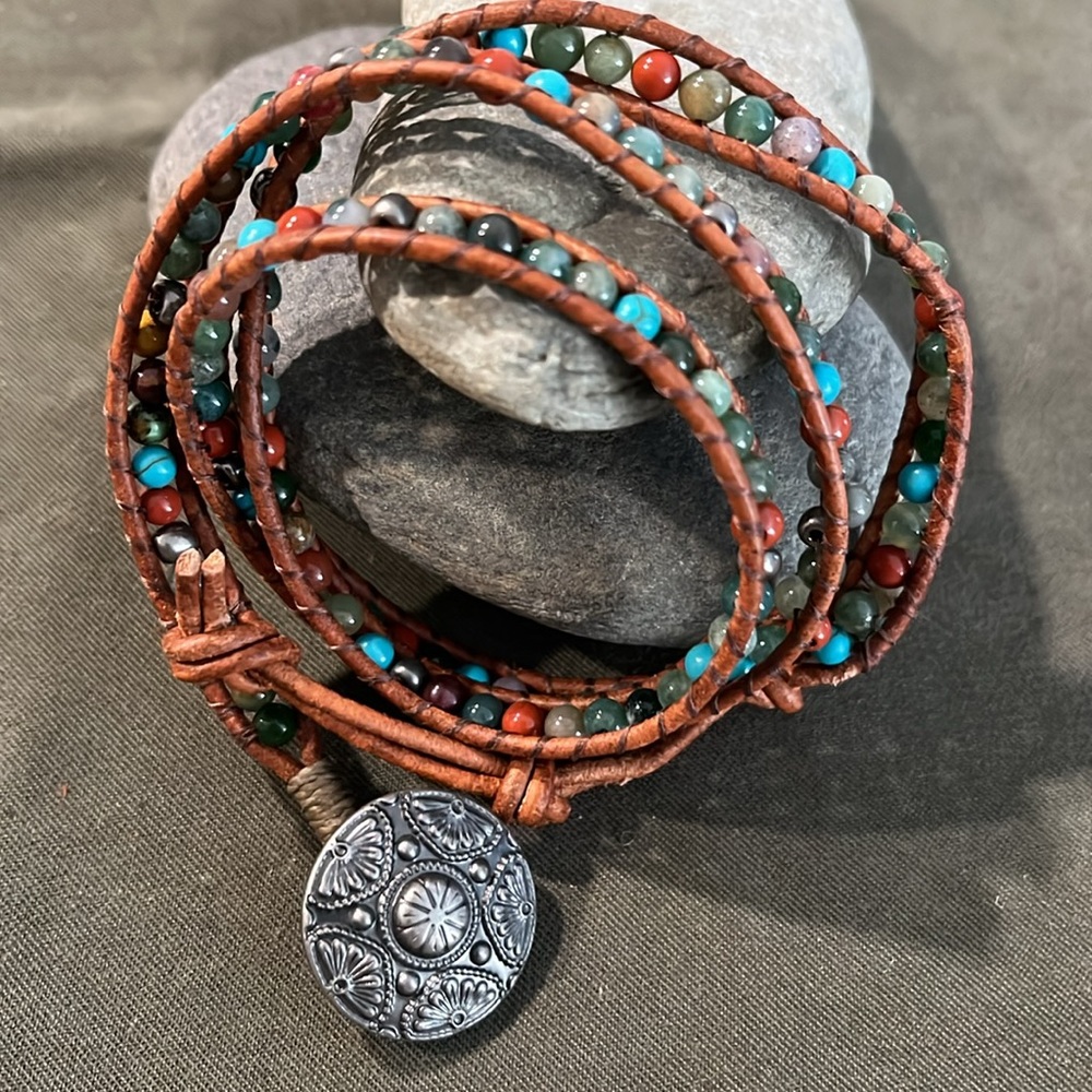 Wrap bracelet with gemstone 6mm beads on leather cord